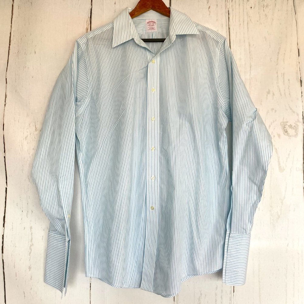 BROOKS BROTHERS Long Sleeve French Cuff Blue Striped Traditional Fit Shirt 15.5